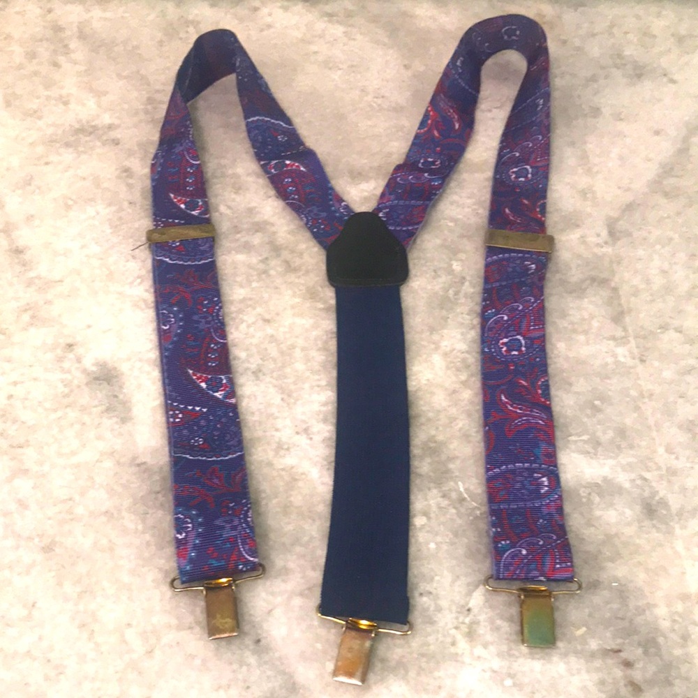Paisley Blue Suspenders Mens Brass Clip On Attachment Retro Festival Preppy